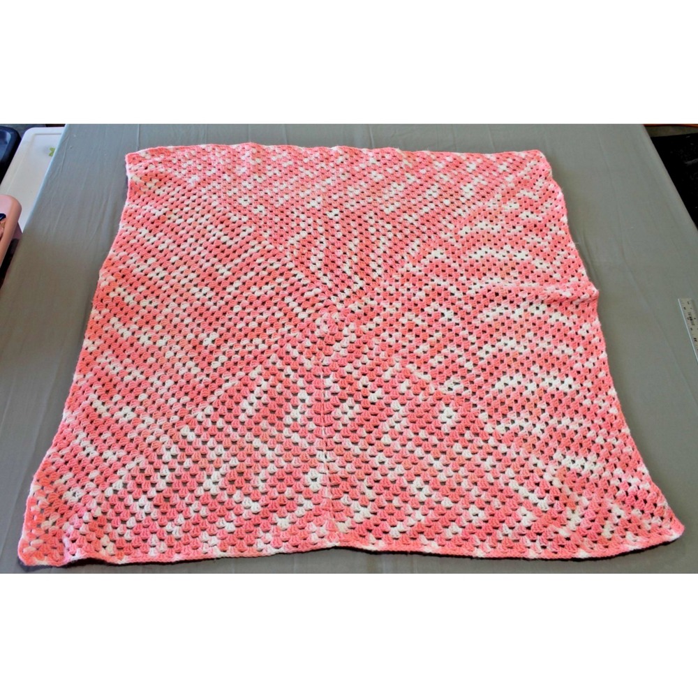 Vintage Handmade Crochet Afghan Baby Blanket 39”x 39” Pink White Nursery Lap